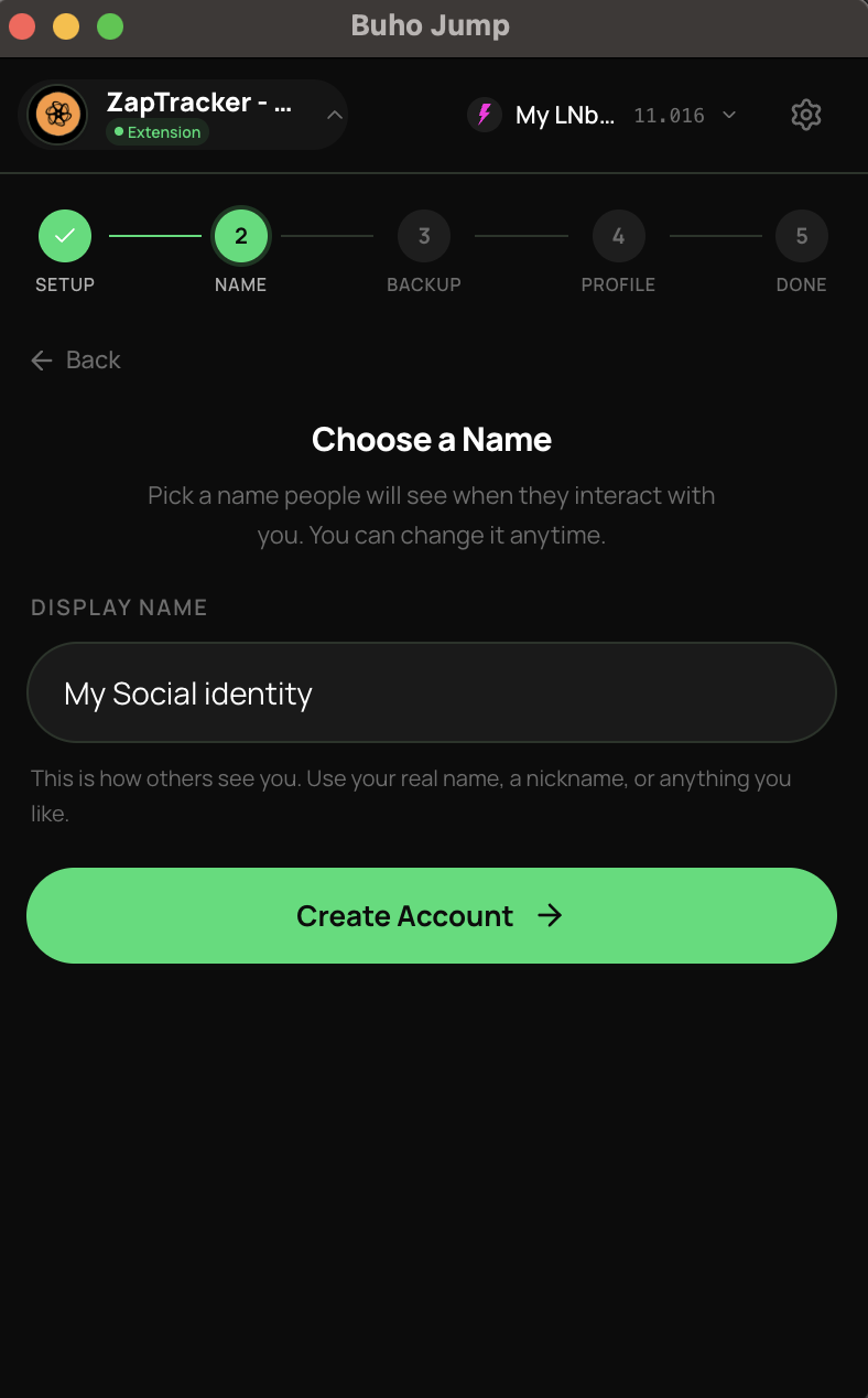 Account creation — entering a display name