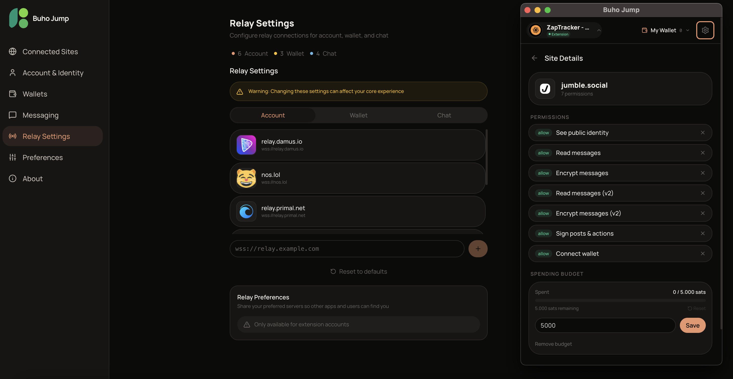 Relay settings in the browser options page